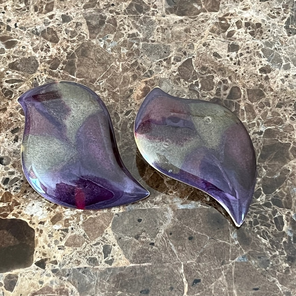 Vintage Purple and Green Enamel Gold Tone Metal Leaf Post Earrings
